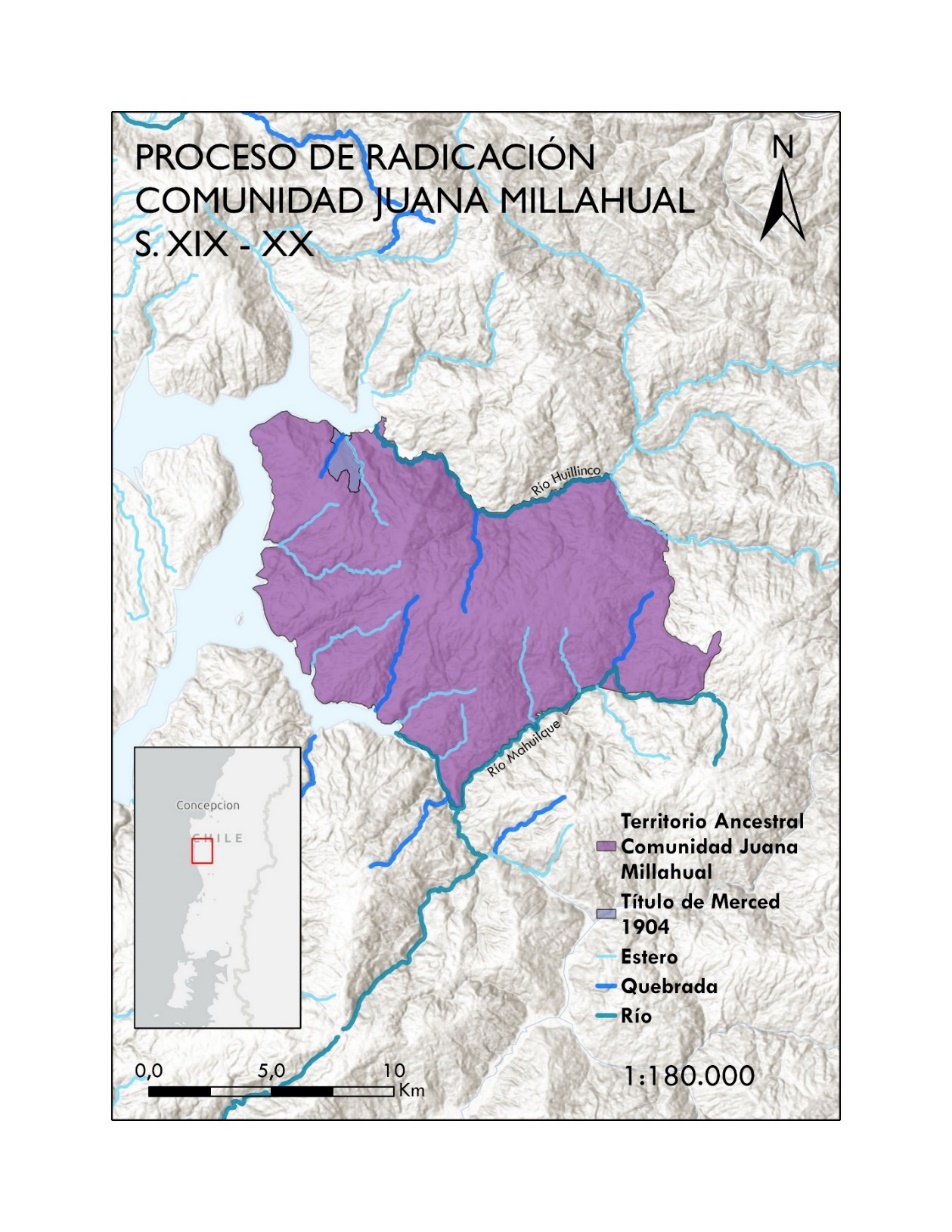 Radicación y territorio
ancestral reivindicado por la comunidad Juana Millahual.