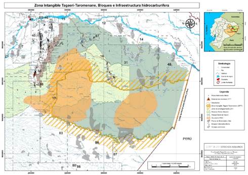 Mapa de la Zona Intangible Tagaeri &ndash; Taromenane, &aacute;reas de influencia directa y bloques e infraestructuras petroleras.