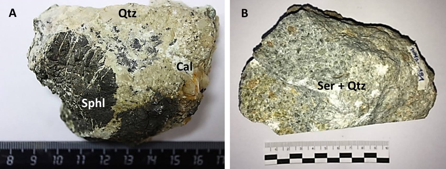 A) Agregado redondeado de esfalerita con cuarzo y microgrietas de calcita
con precipitaci&oacute;n tard&iacute;a. Descripci&oacute;n. SphI - esfalerita; Qtz - cuarzo; Cal - calcita.
B) Muestra de metasomatita (roca de caja) con una composici&oacute;n cuarzo-sericita.