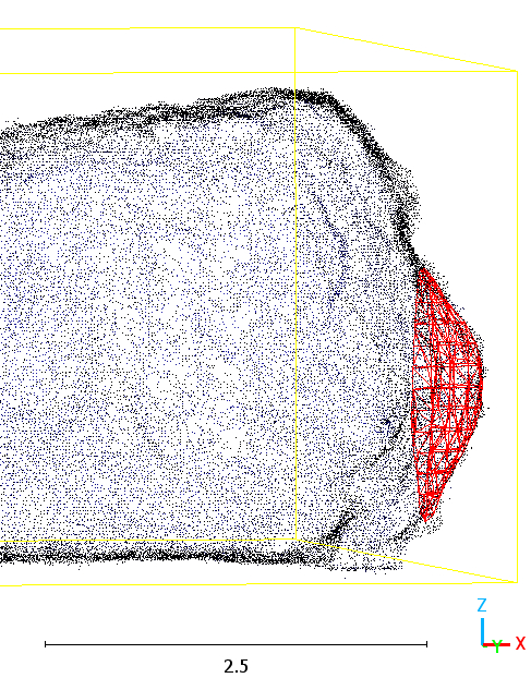 Vista de perfil de la nube de puntos donde se observa sobrerotura en el área del cuele de la voladura 6