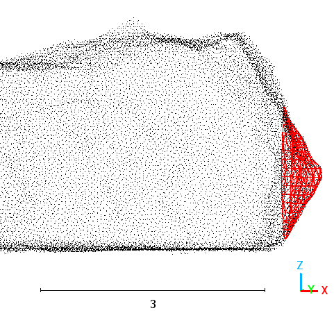 Vista de perfil de la nube de puntos donde se observa sobrerotura en el área del cuele de la voladura 1