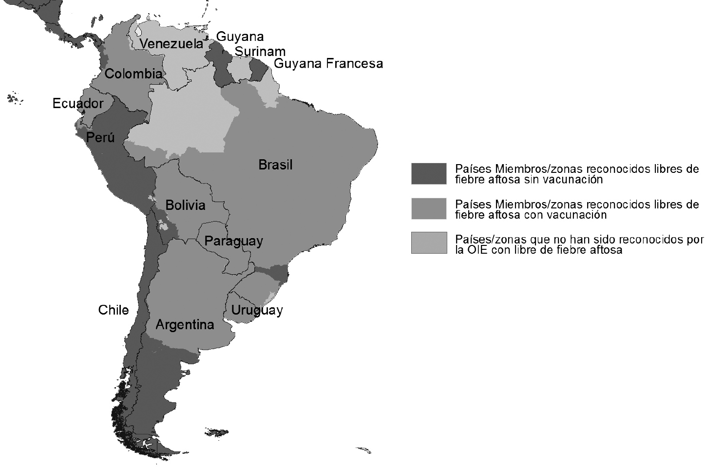 Mapa
oficial del estatus de fiebre aftosa en Sudamérica.