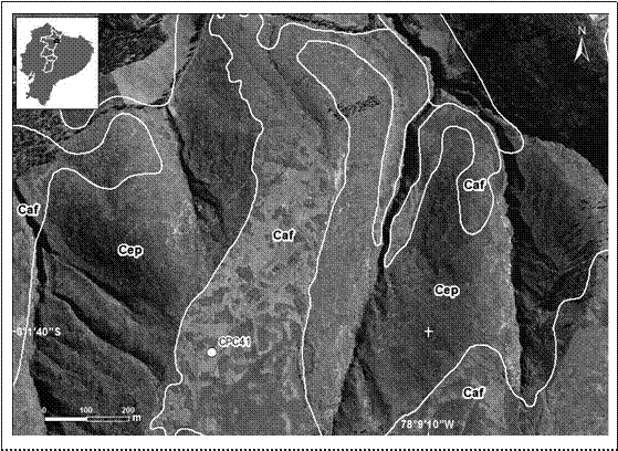 Análisis del patrón espacial de distribución de las
cangahuas y mapeo mediante ortofotos apoyado con puntos de campo (CPC41 en la
imagen). (Caf) Cangahua aflorante, con escasa o nula cobertura vegetal, ubicada
en el piedemonte del volcán Pambamarca, cantón Cayambe, provincia de Pichincha.
(Cep) Cangahua en profundidad, cubierta con suelo y vegetación, sin presencia
de bosque natural.
