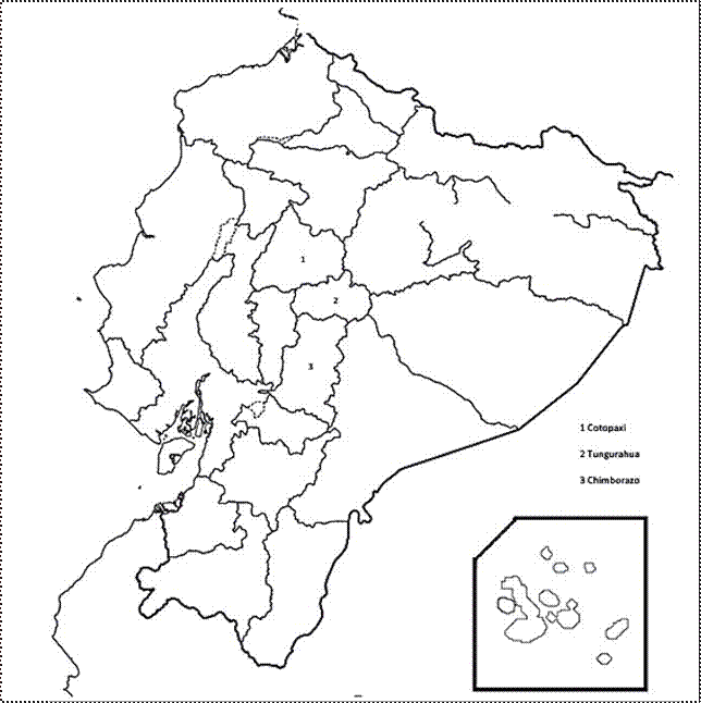 Mapa del territorio ecuatoriano y zona
comprendida por las provincias Cotopaxi, Tungurahua y Chimborazo.