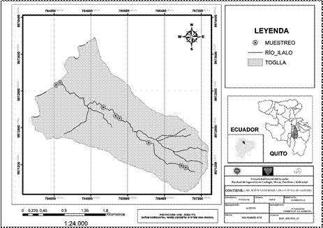 Ubicación de los
puntos de muestreo en la quebrada “Togllahuayco” (Fuente: Mapa elaborado por
los autores con información obtenida del IGM).