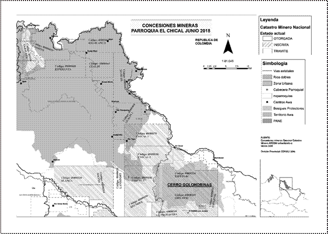 Concesiones mineras en la parroquia El
Chical. Elaboración propia a partir de: Información Base, catastro minero
ARCOM, IGM, MAE.

 