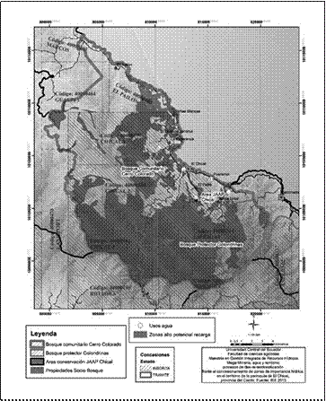 Concesiones minerías, usos del agua y ZHI parroquia El Chical.
Elaboración propia a partir de Información 125000 IEE, cantón Tulcán, datos
levantados en campo.