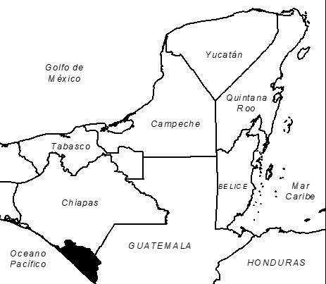 Localizaci&oacute;n del Soconusco, Chiapas. (Fuente: ECOSUR, 1999).