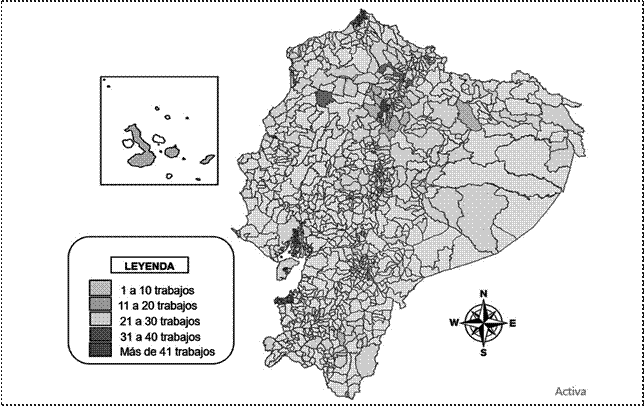Mapa parroquial de concentraci&oacute;n de
trabajos de titulaci&oacute;n.