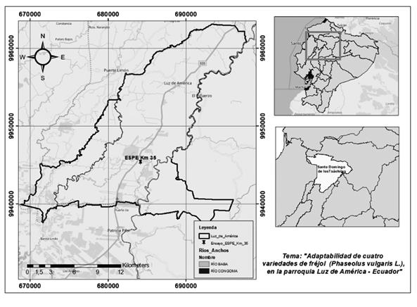 Mapa de ubicación del ensayo realizado en la Universidad de las Fuerzas Armadas (UFA) ESPE - Hacienda San
Antonio,
parroquia Luz de América, Santo
Domingo de los Tsáchilas - Ecuador.