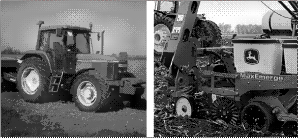 Tractor
y sembradora 2, J. Deere 1700 Maxemerge, y detalle del tren de siembra.