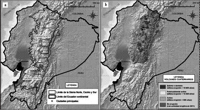 a) Distribución de
los suelos en la Sierra ecuatoriana de acuerdo con su material parental, b)
Zona de influencia volcánica que caracteriza a la Sierra Norte (Moreno et al., 2016; Winckell et al., 1997). 



 