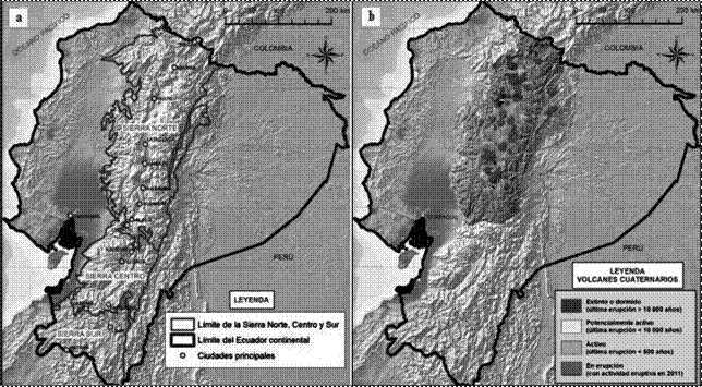 a) Distribuci&oacute;n de
los suelos en la Sierra ecuatoriana de acuerdo con su material parental, b)
Zona de influencia volc&aacute;nica que caracteriza a la Sierra Norte (Moreno et al., 2016; Winckell et al., 1997). 



 