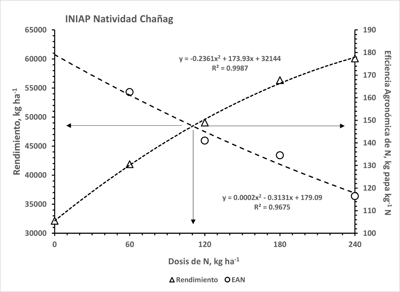 Rendimiento de tubérculos y eficiencia agronómica de N en respuesta a la aplicación de dosis crecientes de N de la variedad INIAP Natividad en Chañag, Quimiag, Chimborazo.