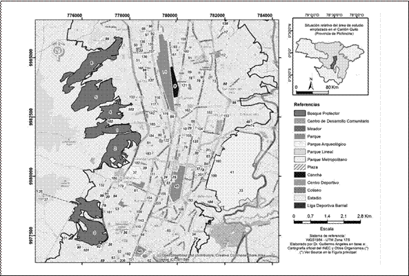 Localizaci&oacute;n de los espacios p&uacute;blicos de ocio de Quito en el sector denominado
Centro Norte.