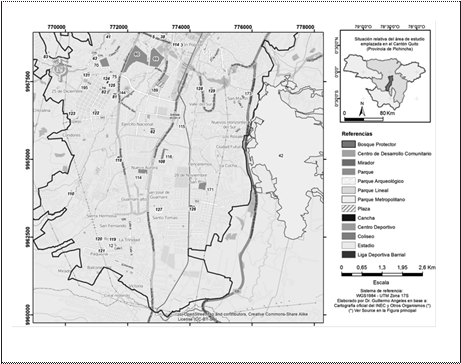 
Localizaci&oacute;n de los espacios p&uacute;blicos de ocio de Quito en el sector denominado
Sur. 

 