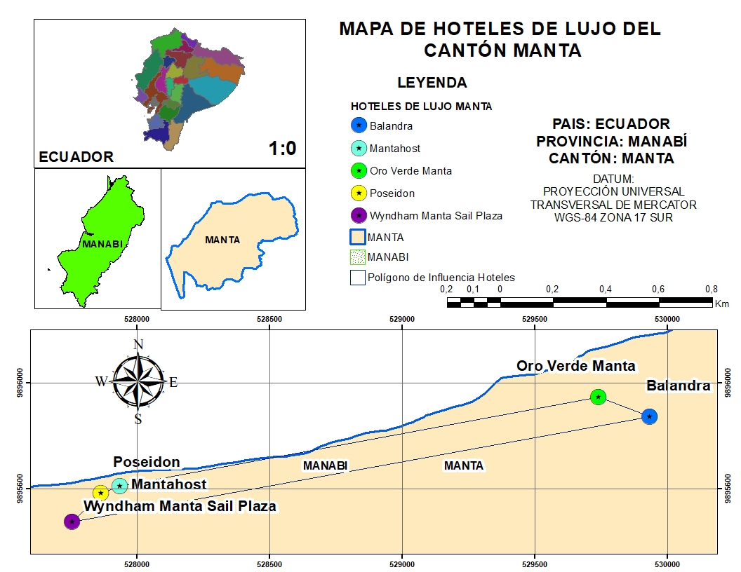 Georreferenciación de hoteles categoría de lujo de Manta