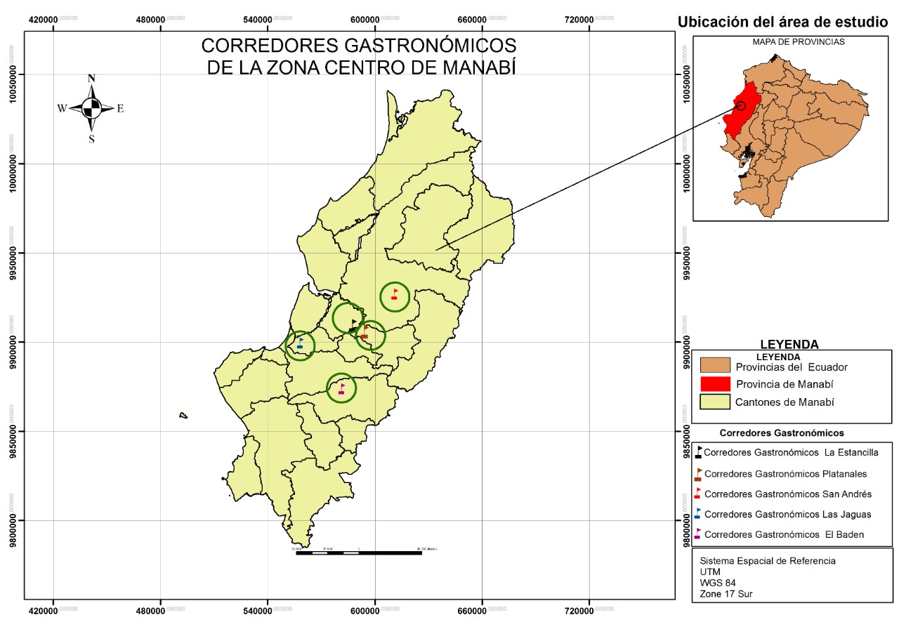 Ubicación geográfica, corredores gastronómicos de la zona central de Manabí.