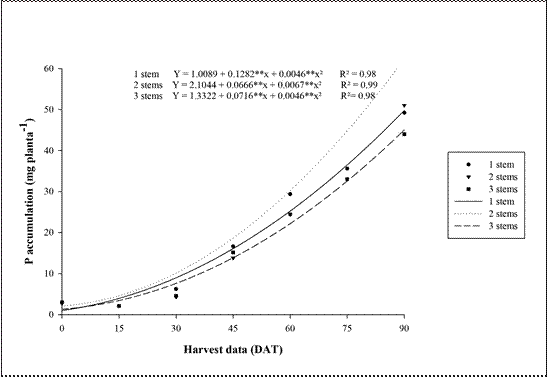 S accumulation through the lifecycle of goldenrod plants grown with one,
two and three stems. 

** Significant
at P &le; 0.01.