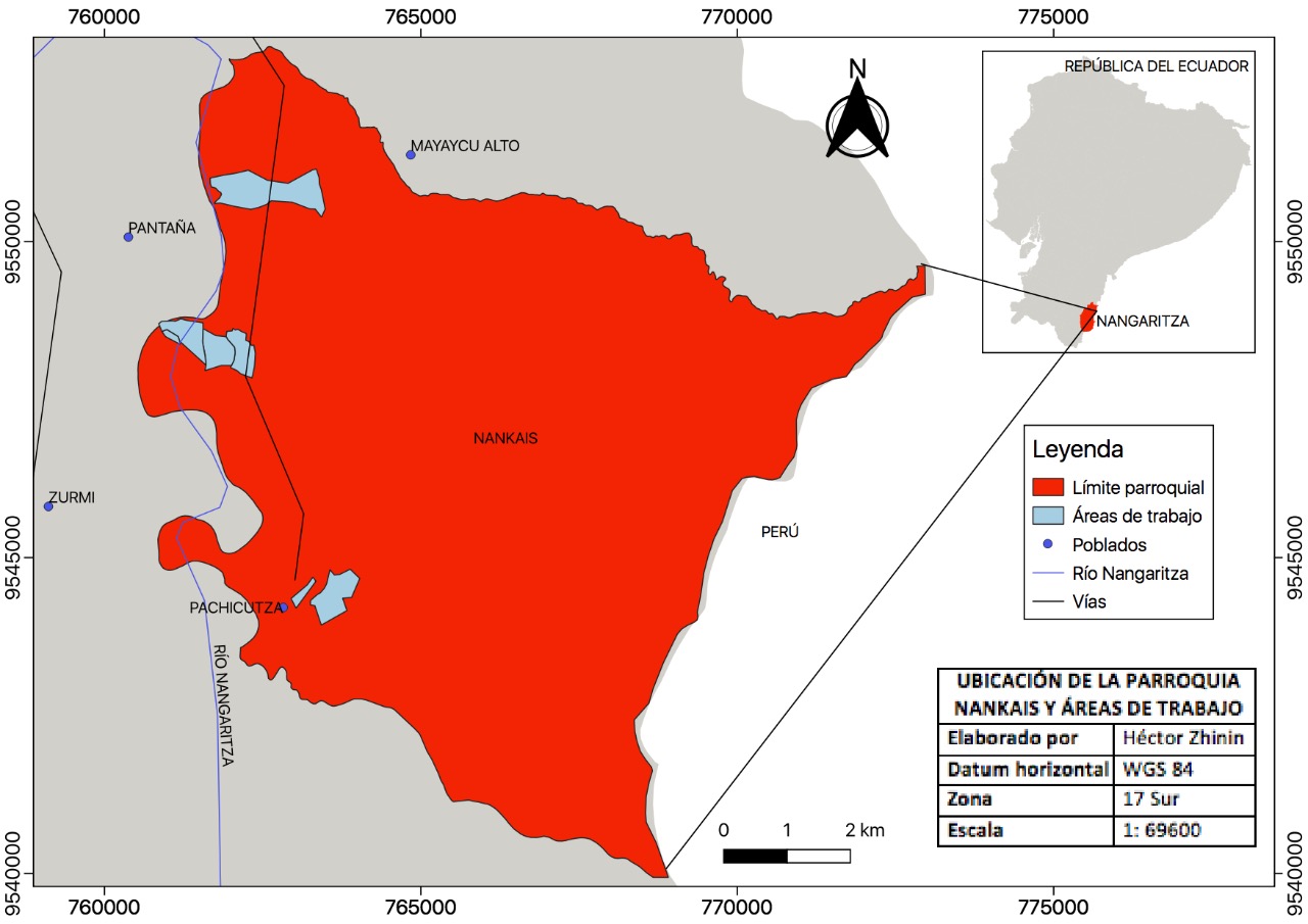 Mapa de ubicación de la parroquia Nankais y áreas de trabajo (Nangaritza-Zamora Chinchipe-RSE).