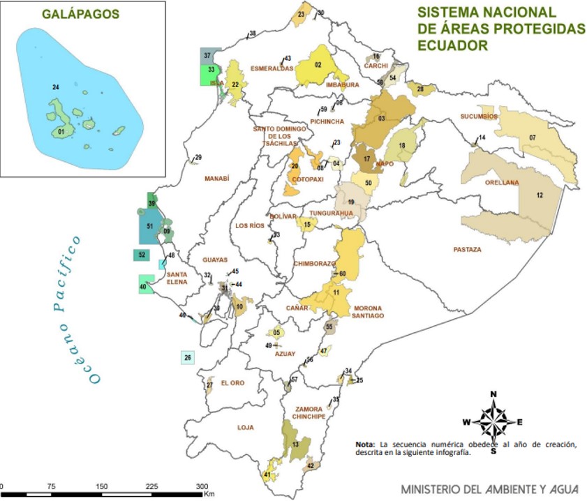 Mapa del Sistema Nacional de Áreas Protegidas del Ecuador 2021 (Adaptado del MAAE).