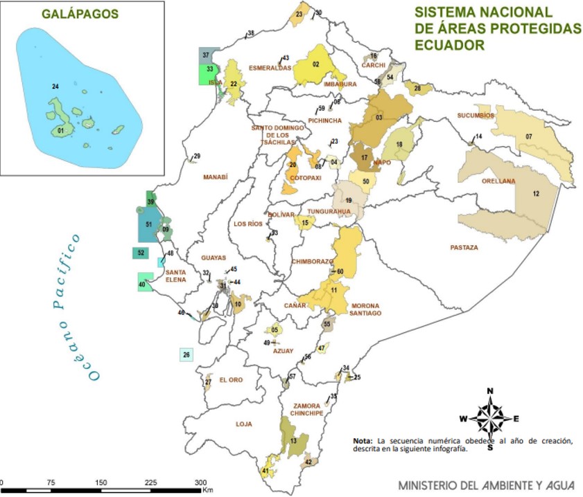 Mapa del Sistema Nacional de Áreas Protegidas del Ecuador 2021 (Adaptado del MAAE).