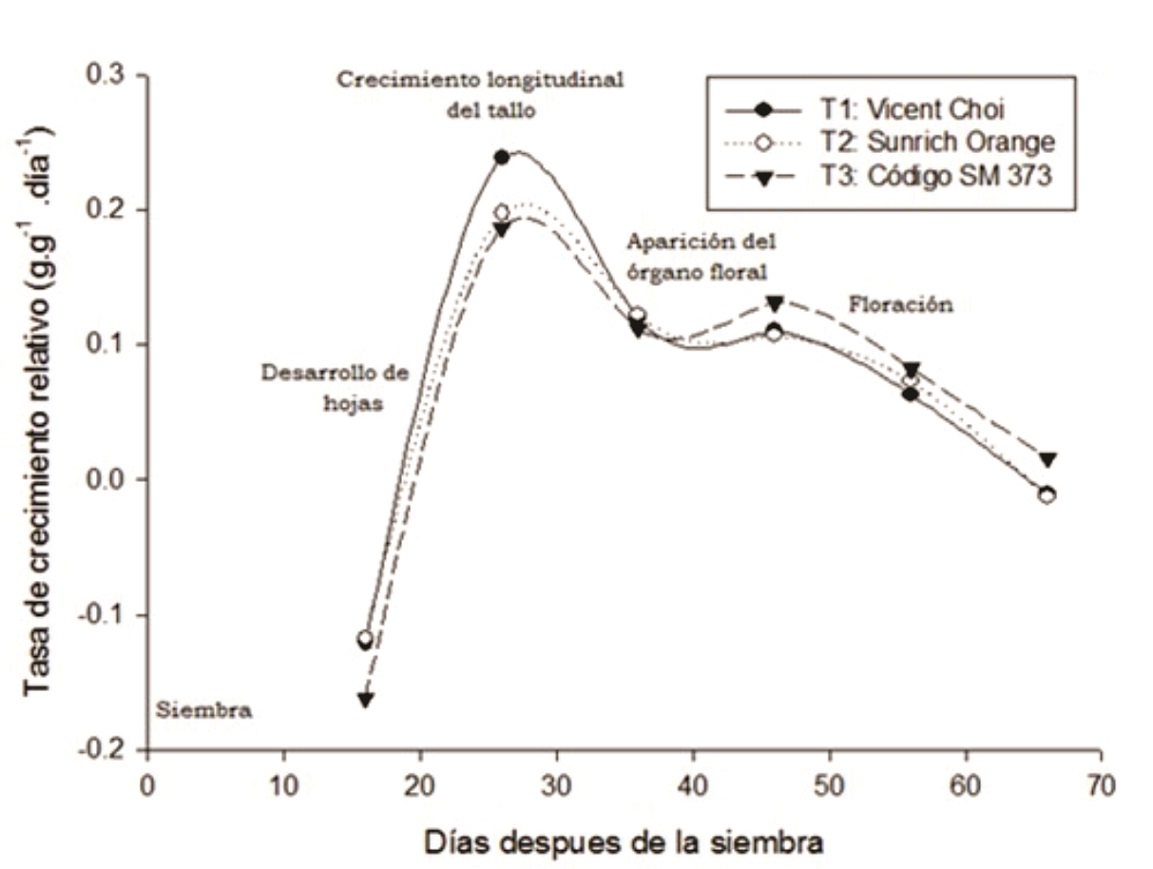 Tasa de crecimiento relativo en tres cultivares de girasol en función del tiempo.