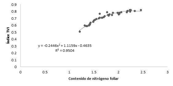 Índice TVI contrastado con el contenido de nitrógeno foliar.