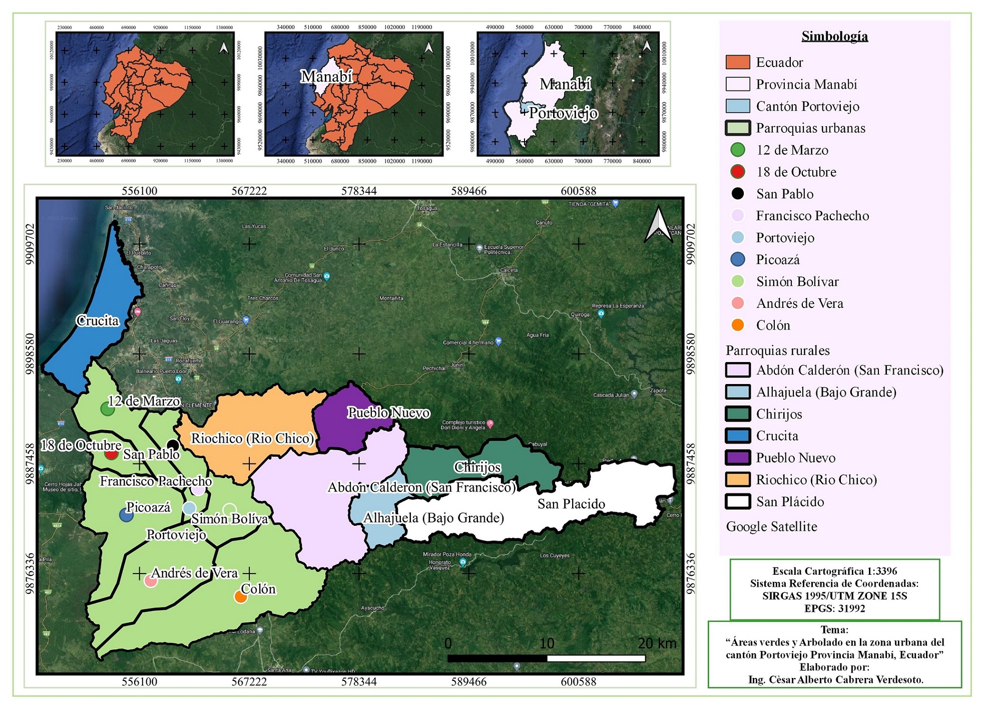 Ubicación de la provincia de Manabí y el cantón Portoviejo (izquierda), y de sus parroquias urbanas (derecha).