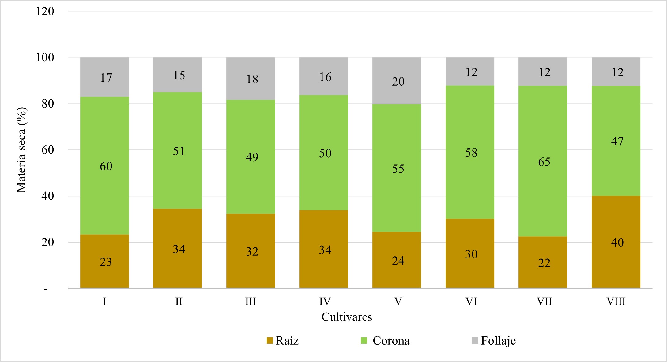 Partición de la materia seca a las tres partes de la planta, en ocho cultivares de yacón del norte peruano.