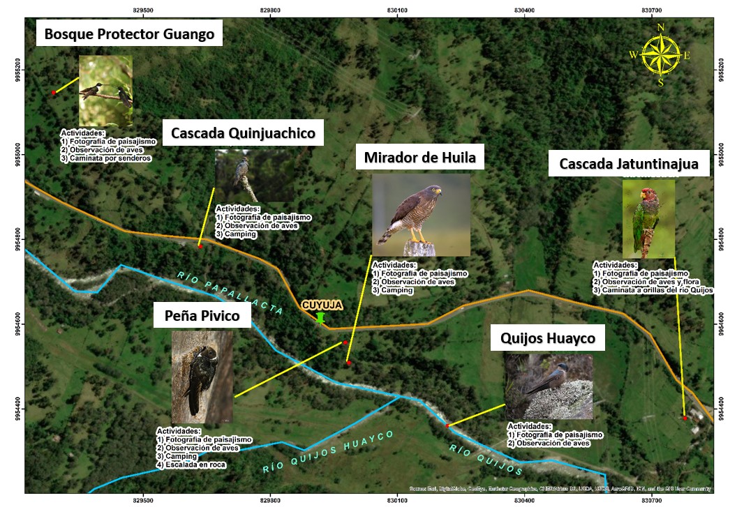 Sitios de interés turístico e idóneos para observación de aves en Cuyuja, cantón Quijos, provincia de Napo.