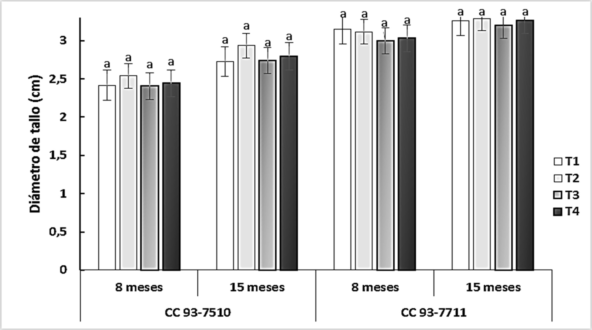 Diámetro de tallo de plantas de caña de azúcar a los 8 mdt y 15 mdt. T1: A. mellea, T2: R. irregulare, T3: Control sin inoculación, T4: Control 100 % de fertilización química. Medias con letras distintas indican diferencias estadísticas significativas (Tukey, p ≤ 0,05) entre tratamientos (cinco muestras por tratamiento en tres repeticiones).