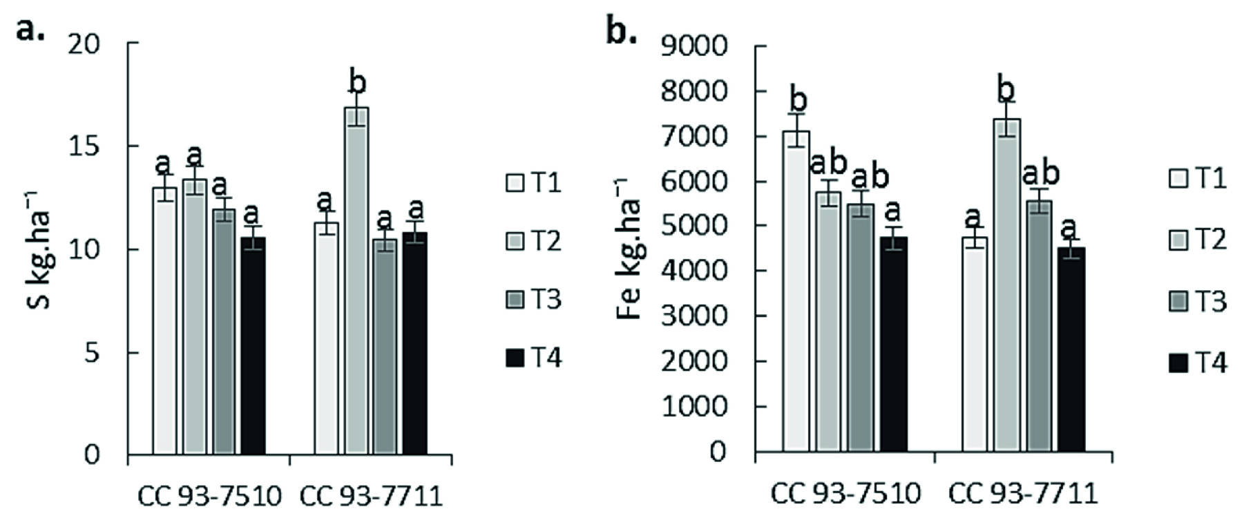 Absorción de a) S y b) Fe a los 15 mdt. T1: A. mellea, T2: R. irregulare, T3: Control sin inoculación, T4: Control 100 % fertilización química. Medias con letras distintas indican diferencias estadísticas significativas (Tukey, p ≤ 0,05) entre tratamientos (cinco muestras por tratamiento en tres repeticiones).