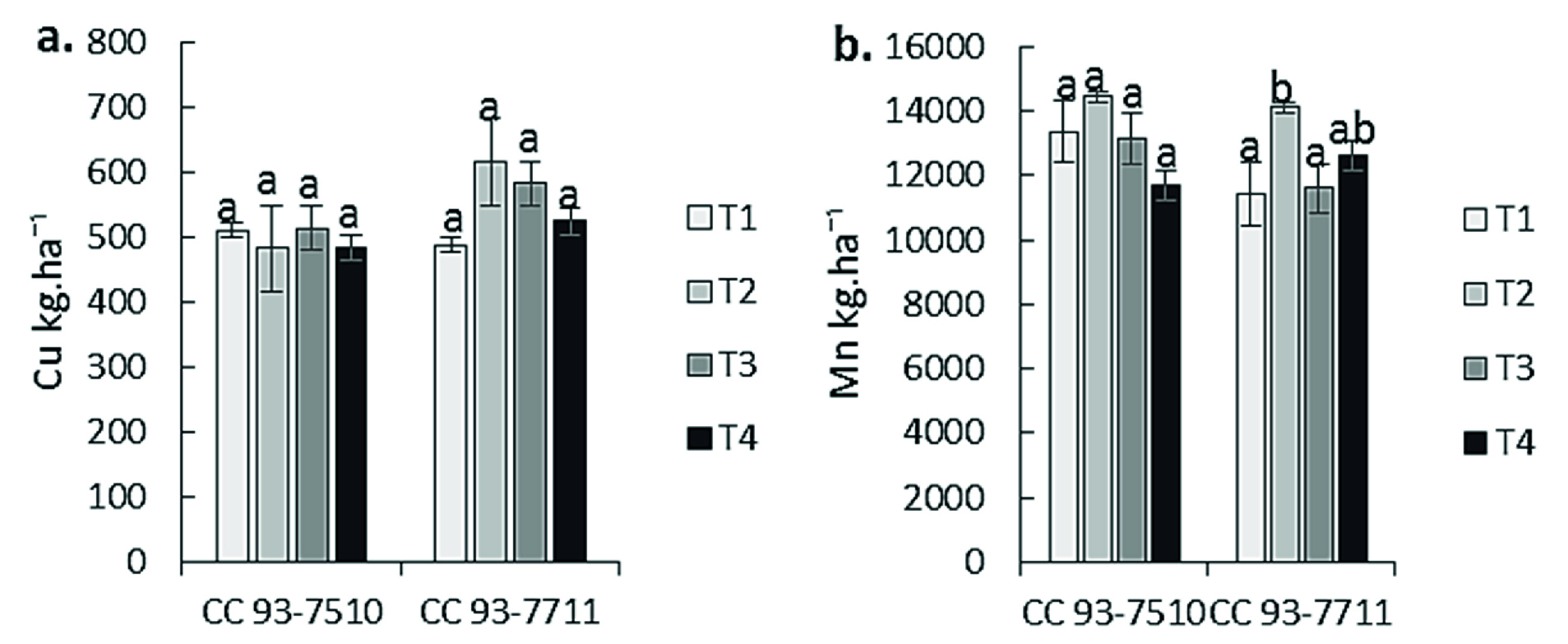 Absorción de a) Cu y b) Mn a los 15 mdt. T1: A. mellea, T2: R. irregulare, T3: Control sin inoculación, T4: Control 100 % fertilización química. Medias con letras distintas indican diferencias estadísticas significativas (Tukey, p ≤ 0,05) entre tratamientos (5 muestras por tratamiento en tres repeticiones).