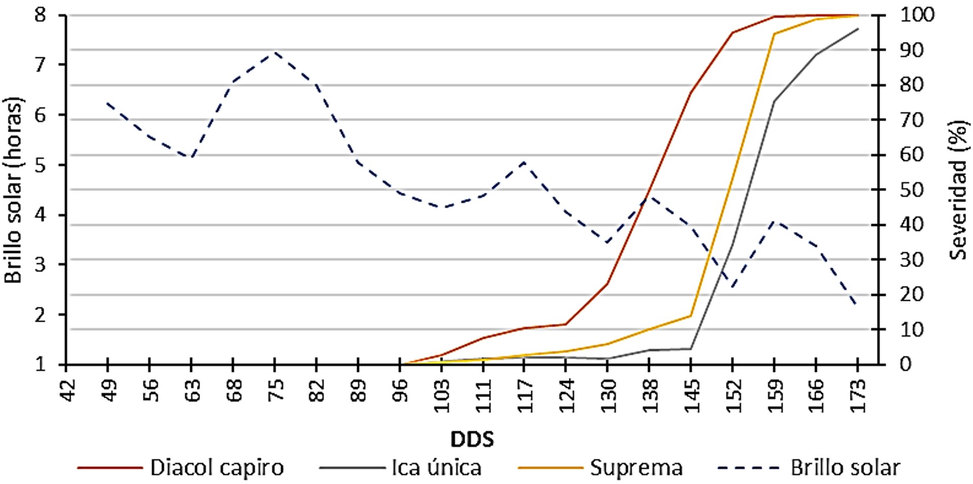 Relación de la severidad del tizón tardío (P. infestans) y la precipitación en tres variedades de papa durante los meses de diciembre 2015 a mayo 2016 en un ciclo de cultivo (173 días después de siembra - dds).