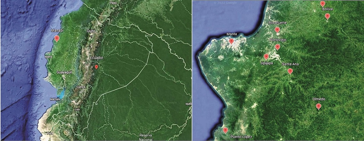 Ubicación geográfica de los cantones del centro-sur de la provincia de Manabí, Ecuador.