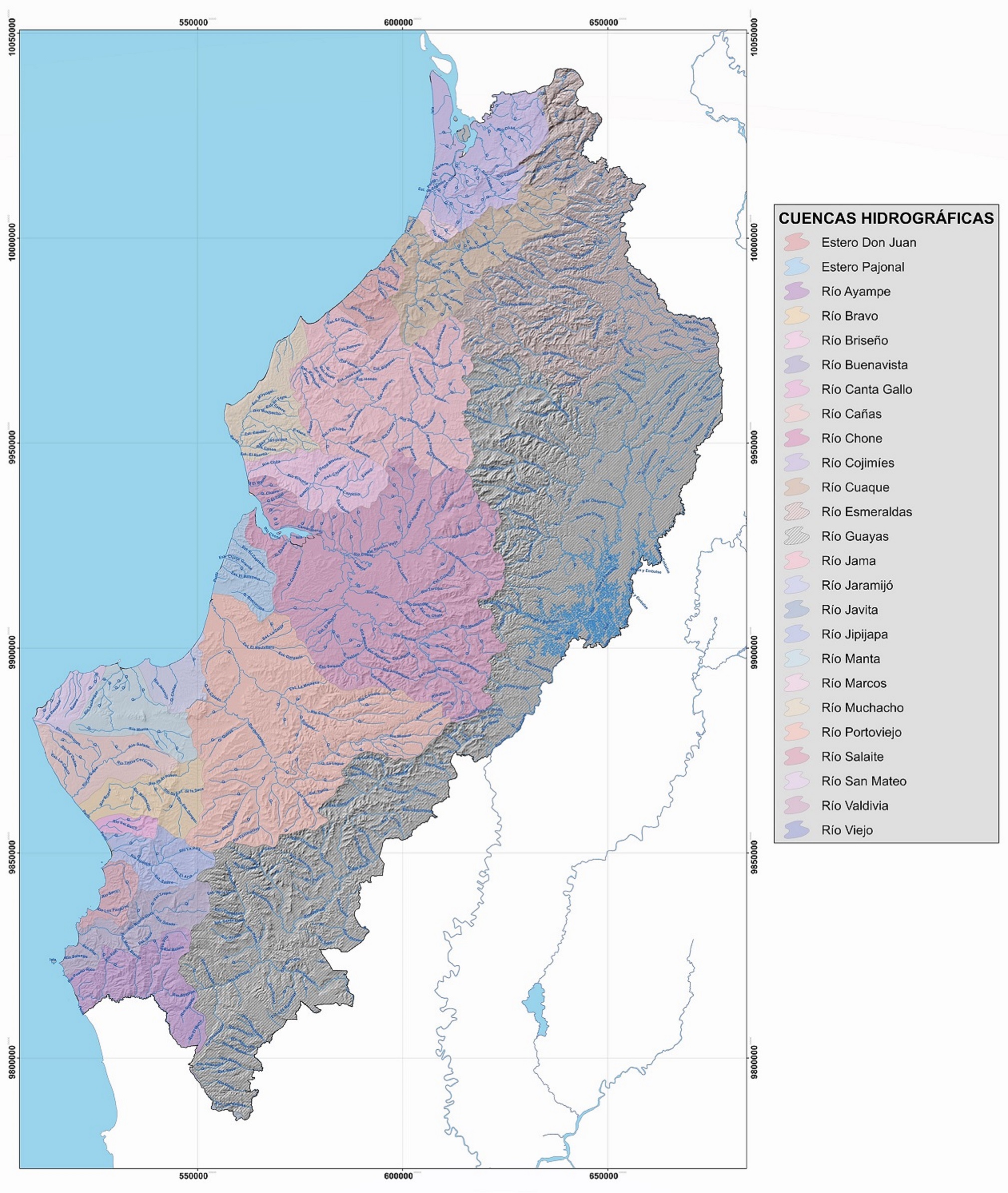 Mapa de cuencas hidrográficas de la provincia de Manabí, Ecuador.