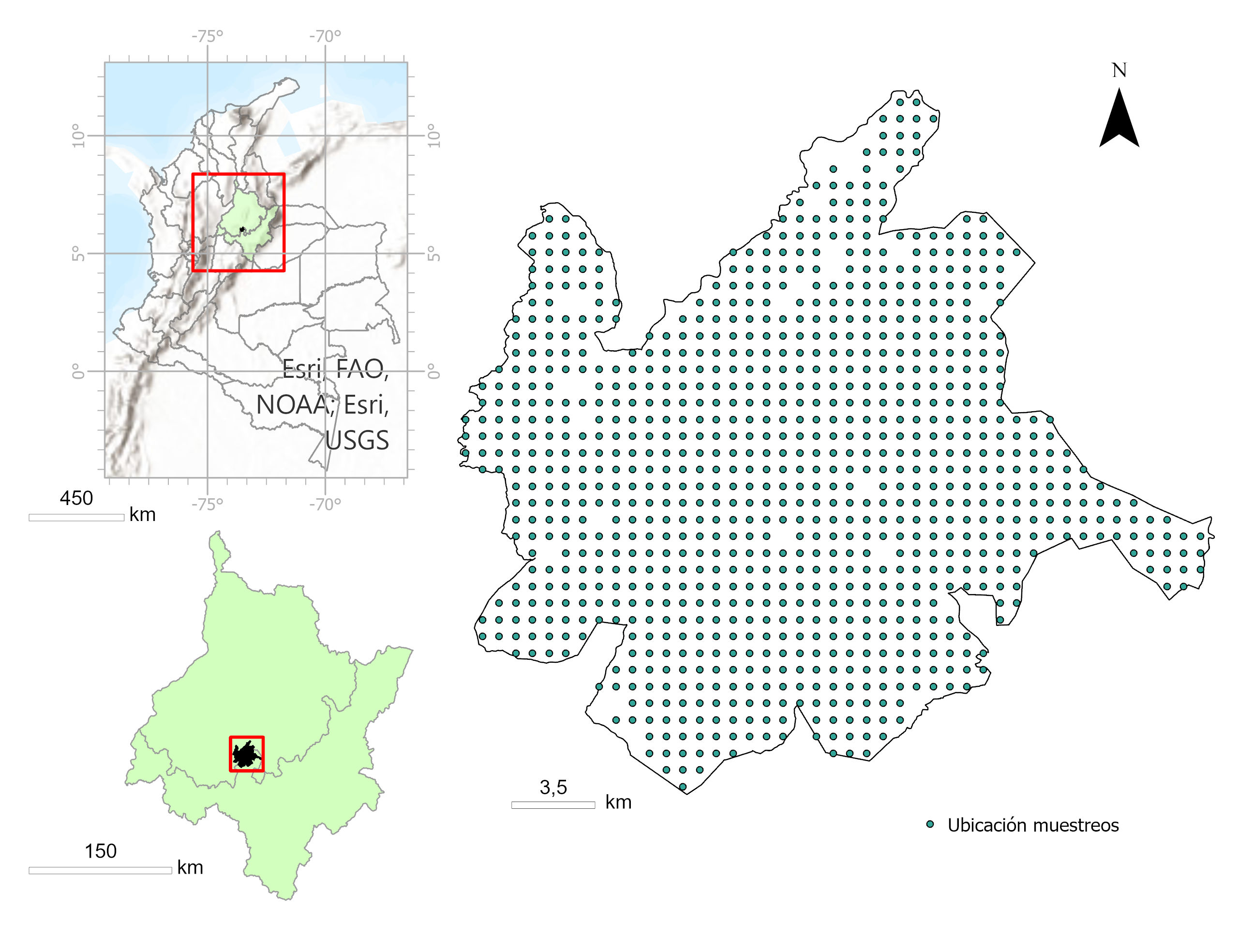 Localización del área de estudio. Izquierda: ubicación de la HDRS en Colombia. Derecha: esquema de sitios de muestreo.