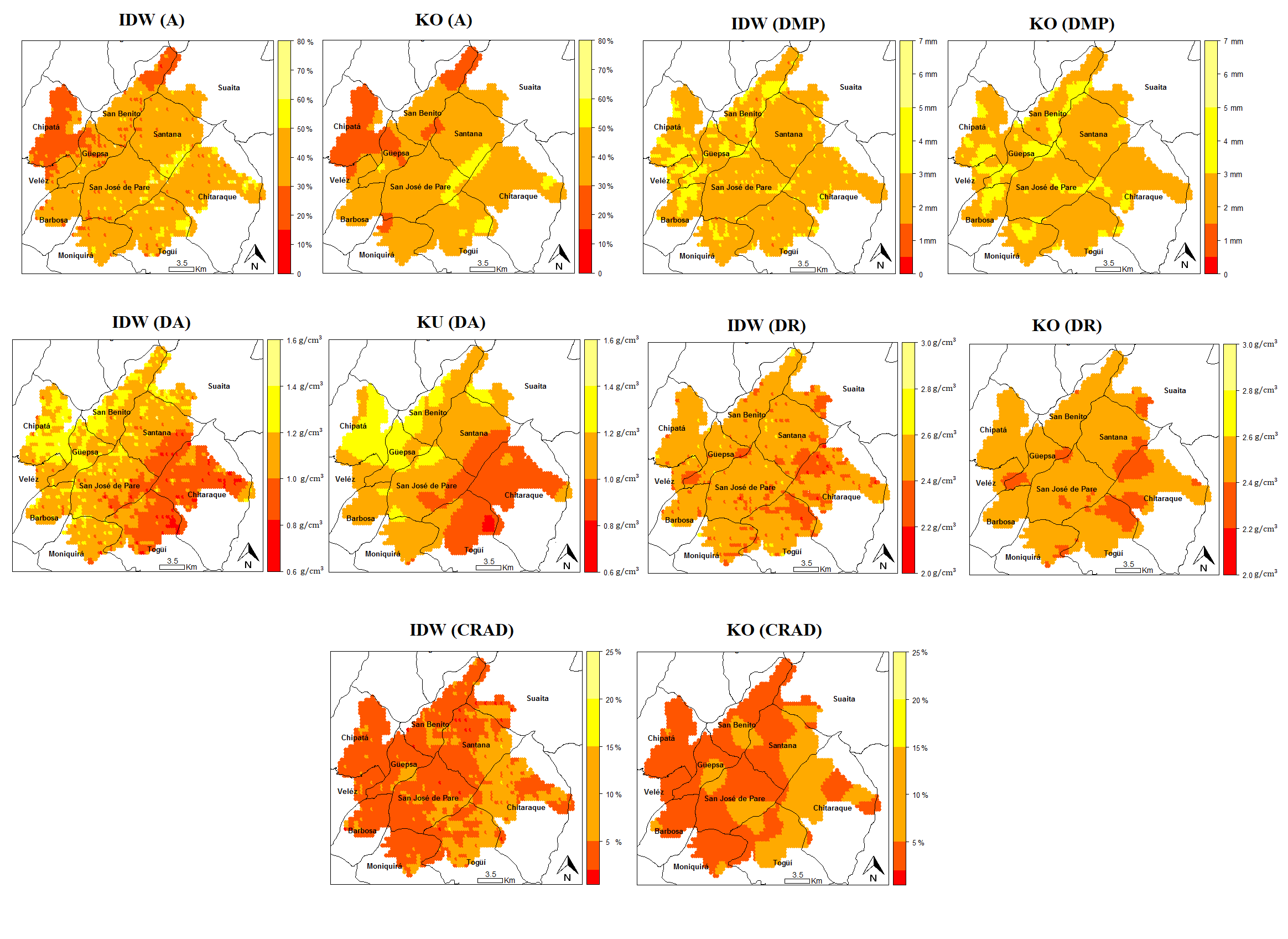 Zonificación para el contenido de arenas (A), diámetro medio ponderado (DMP), densidad aparente (DA), densidad real (DR) y capacidad de retención de agua disponible (CRAD), con la técnica de la distancia inversa ponderada (IDW) y usando kriging ordinario (KO) y universal (KU). Cada píxel corresponde a 6.561 m2.
