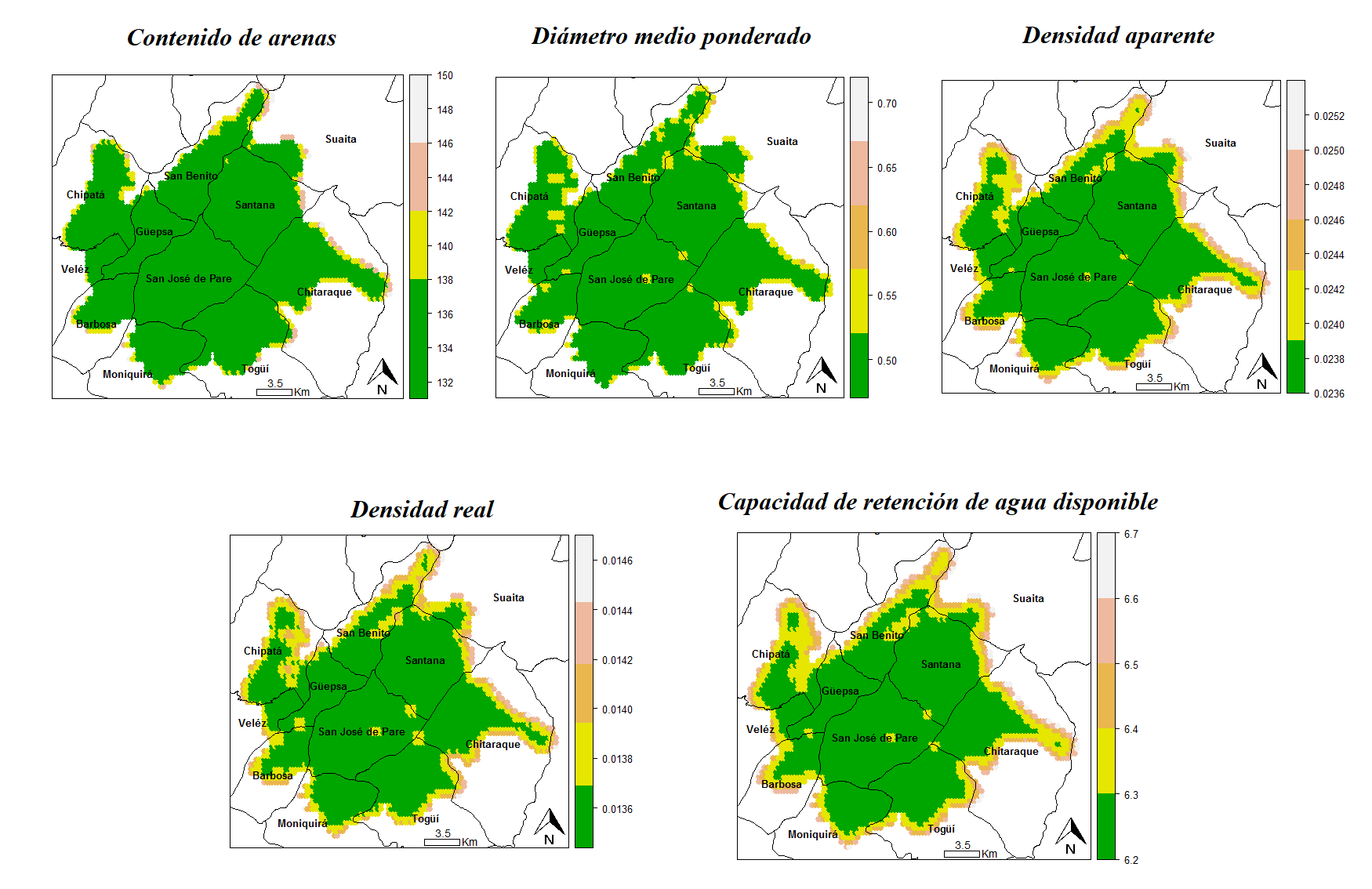 Gráfico de varianzas de la predicción por kriging de las variables: contenido de arenas (A), diámetro medio ponderado (DMP), densidad aparente (DA), densidad real (DR) y capacidad de retención de agua disponible (CRAD).