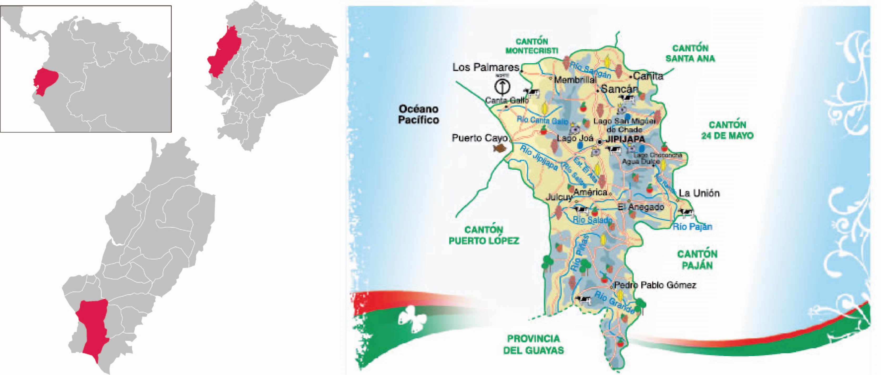 Mapa de ubicación de la provincia de Manabí y la comunidad de San Miguel de Chade.