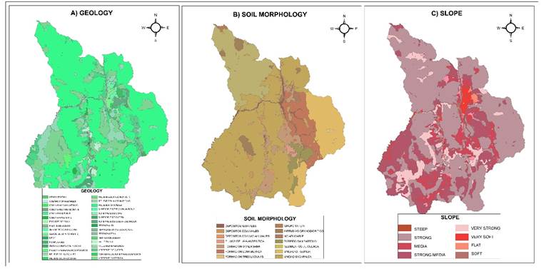 A) Categorization of geology, B) Categorization of morphology in the study area, C) Categorization of slope in the study area.