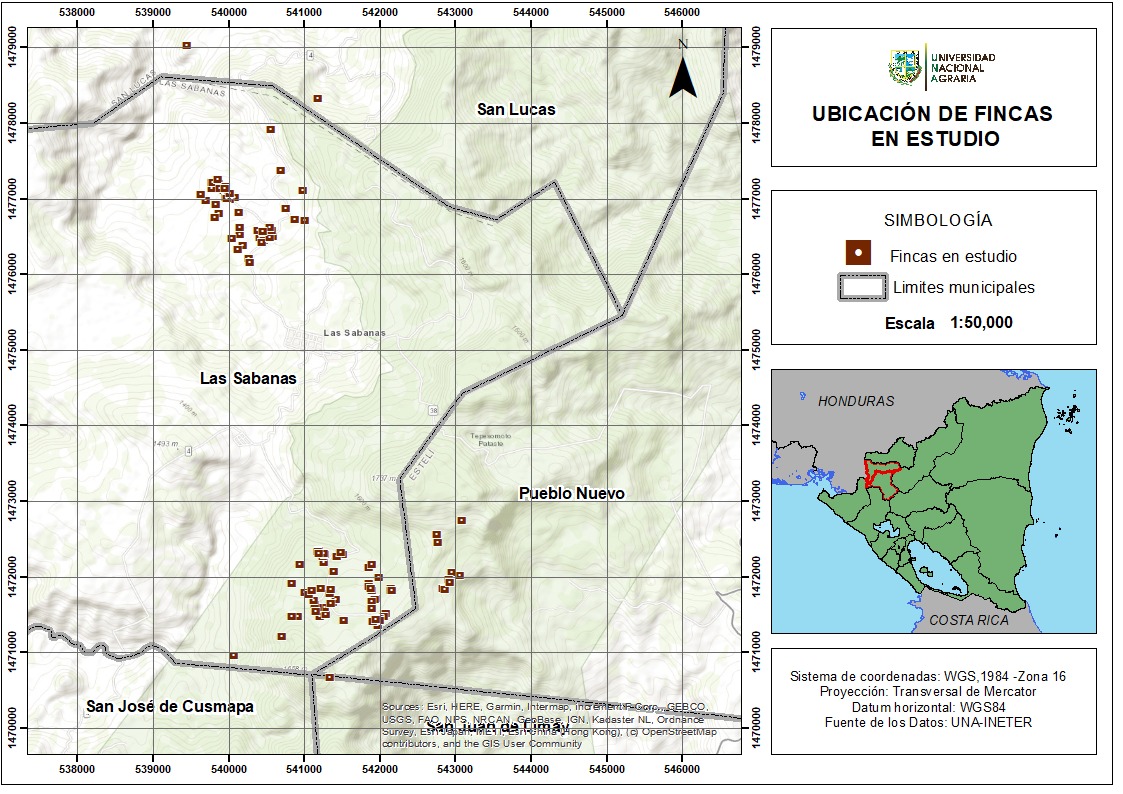 Ubicación de los sistemas productivos de café en la Reserva Natural Tepec-Xomolth La Patasta, Madriz.