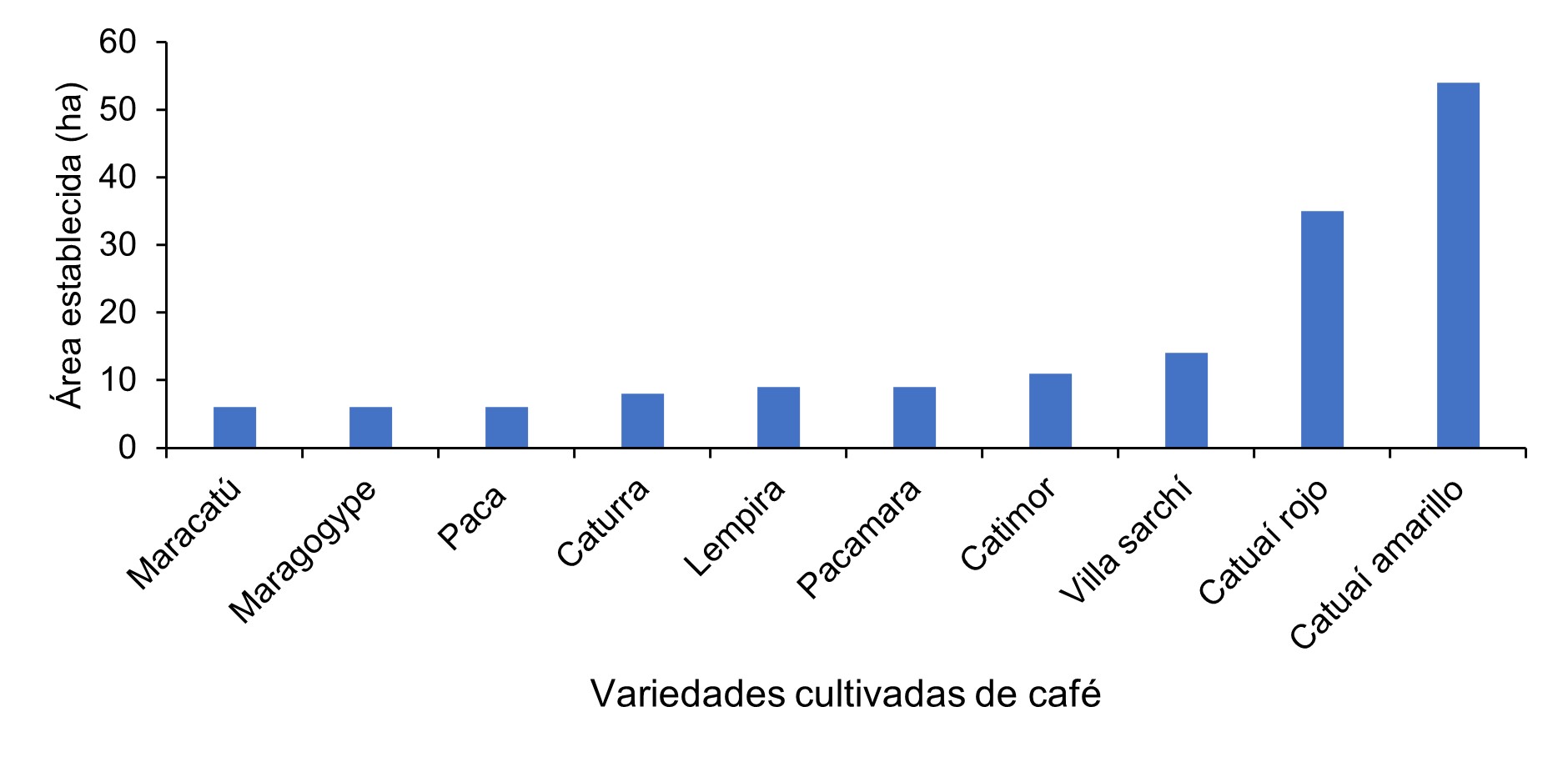 Cantidad de áreas establecidas por variedades cultivadas de café en las tres comunidades rurales de la Reserva Natural Tepec-Xomolth La Patasta.