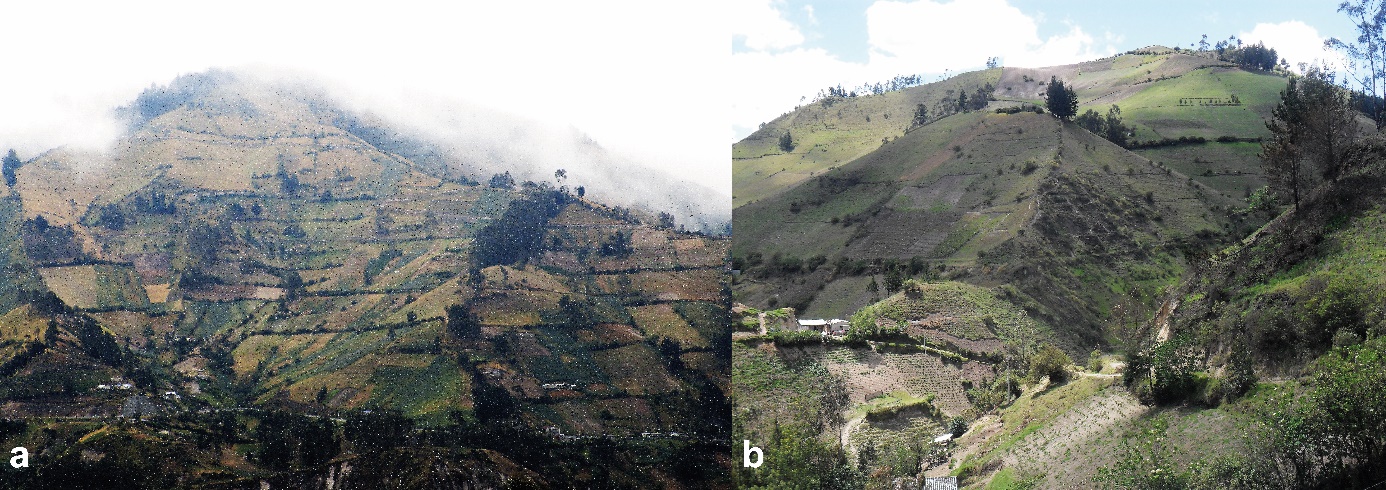 Vertientes superiores de la cuenca del río Toachi, parroquia Chugchilán: a. Tonducto, b. Guantug.