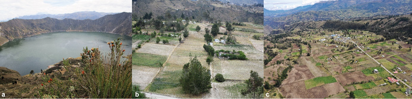 Estratos volcánicos del Quilotoa, parroquia Chugchilán: a. volcán Quilotoa, b. Guayama, c. Chaupi.