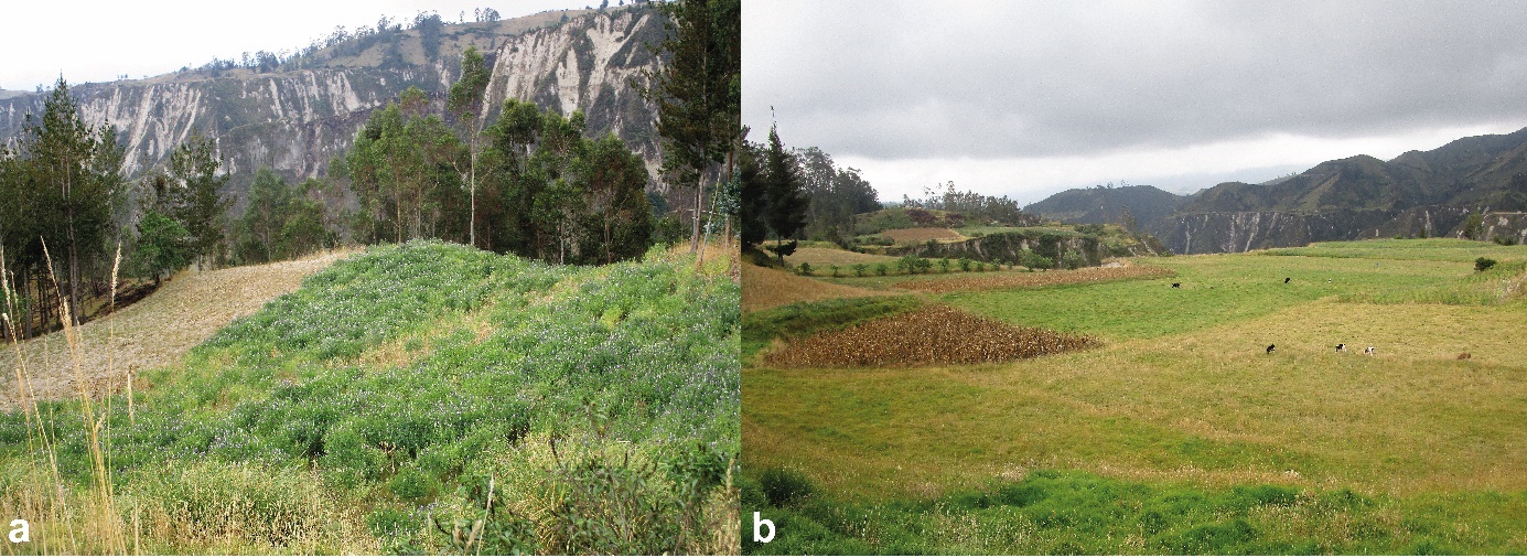 Vertientes y relieves inferiores de la cuenca del río Toachi, parroquia Chugchilán: a. Sigue, b. Chasualó.