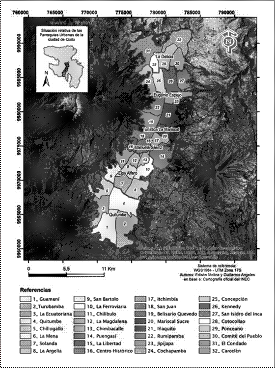 Administraciones Zonales y parroquias en
el &aacute;rea urbana de Quito