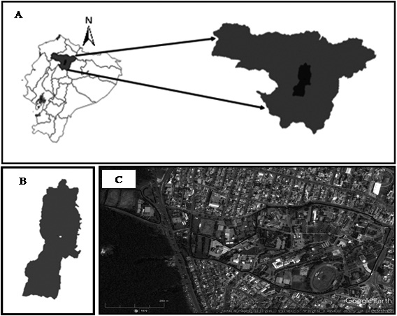 A)
El Ecuador con la provincia de Pichincha. B) Quito. C) Área de estudio campus
universitario de la UCE, Facultad de Cultura Física (izquierda) y Ciudadela Universitaria
(derecha), realizado en Google Earth 2016.