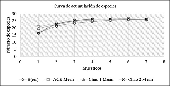 Curva de acumulación
de especies para la avifauna del campus universitario de la Universidad Central
del Ecuador.
